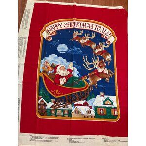 Vintage "Happy Christmas To All" Santa Claus & Reindeer Fabric Panel 44"W Cotton